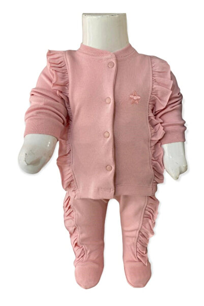 Aziz Bebe Kız Bebek Pudra Renk 2 Li Penye Ayaklı Takım