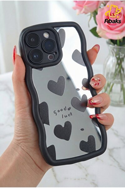 Fibaks iPhone 15 Pro Max Kılıf Aynalı Kalp Desenli Yumuşak Kenarlı Kamera Kor...