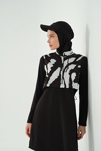 ALFASA Costum de baie Crop Look cu fermoar complet acoperit Hijab 25343-25 Negru