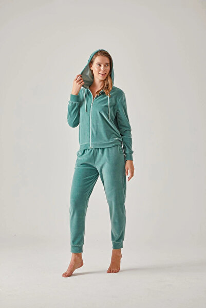 Pamuk & Pamuk Кадифен комплект дамски анцуг - зелен, преден цип и суичър