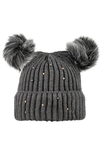 SYT Beretă cu pompon dublu cu perle și pietre gri, mărimea femeilor