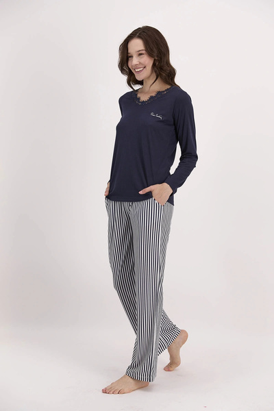 Pierre Cardin Çizgili Lacivert Kadın Pijama Takımı