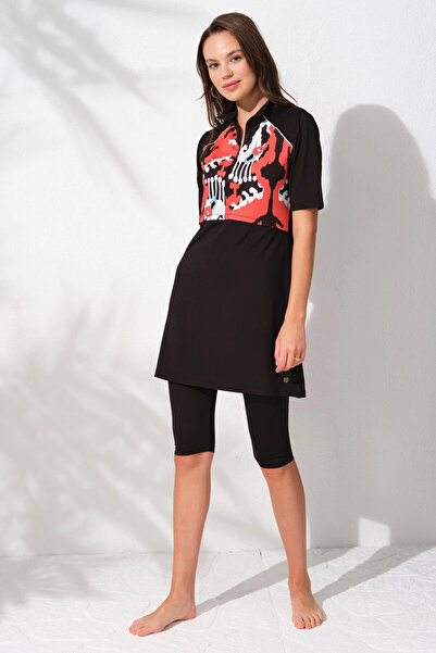 Pierre Cardin 231902 Siyah Desenli Yarımkol Tesettür Mayo Takım