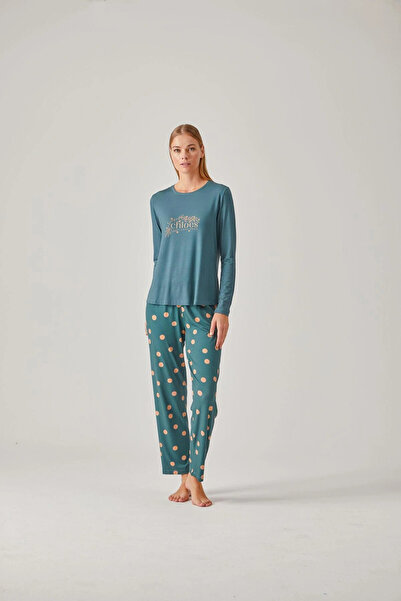 Pamuk & Pamuk Green Printed T-Shirt Polka Dot Pants Viscose Women's Pajama Set