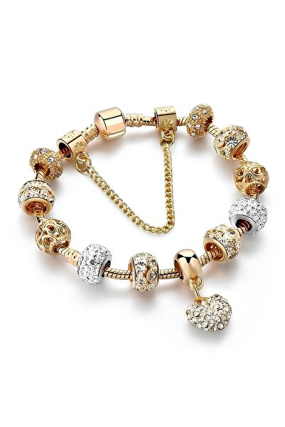 KUMİ 14k Altın Kaplama Avusturya Kristali Kalp Detaylı Charmlı Kadın Bileklik