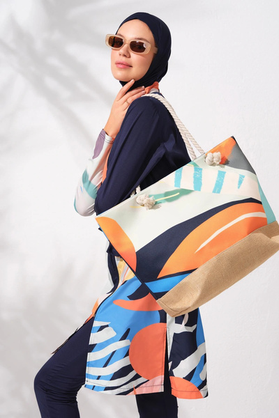 Pierre Cardin 231905 Desenli Uzun Kollu Fermuarlı Kemerli Tesettür Mayo Takım