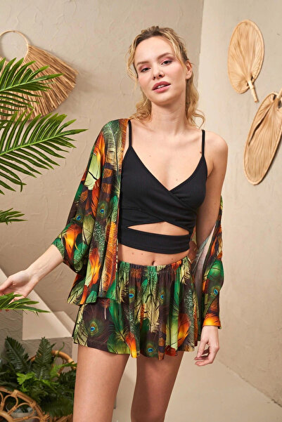 PJS 25193 طقم شورت ثلاثي منقوش للنساء