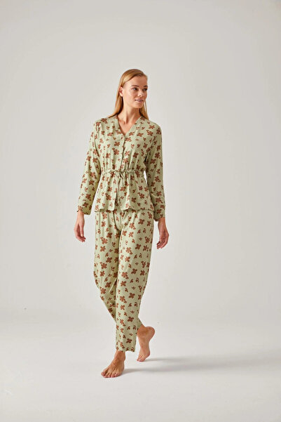 Pamuk & Pamuk Dark Green Floral Print Women's Viscose Women's Sleepwear Set with Tie Waist