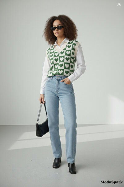 MODASPARK Yeşil Kalpli V Yaka Regular Kadın Süveter