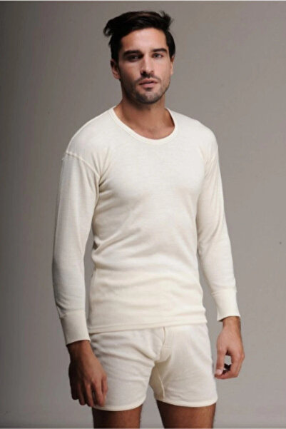 Hasyün 2104 ملابس داخلية رجالية من الصوف بأكمام طويلة كريمية