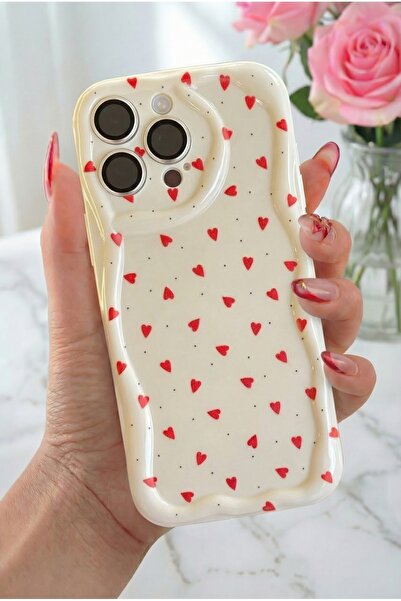 Fibaks iPhone 15 Pro Kılıf Kamera Korumalı Dalga Kenarlı Kırmızı Kalp Desenli...