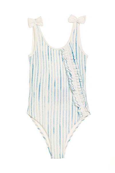 Argento Çizgili Fiyonk ve Fırfır Detay Çocuk Mayo