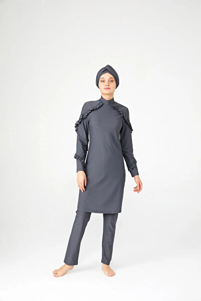 Adasea Ruffle Design Lycra Fully Covered Hijab Swimsuit Ruffle 4104 Gray