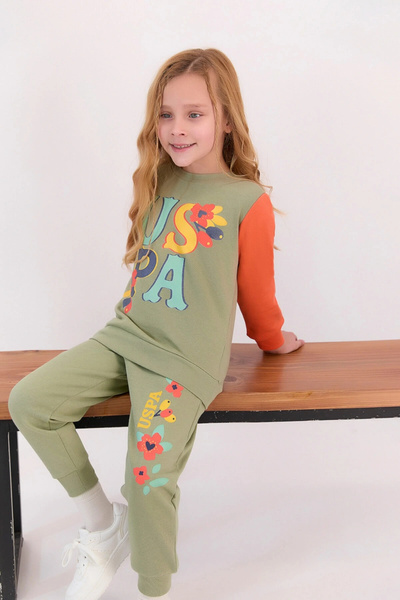 U.S. Polo Assn. Σετ φόρμας για κορίτσια σε ανοιχτό χακί με λουλούδια