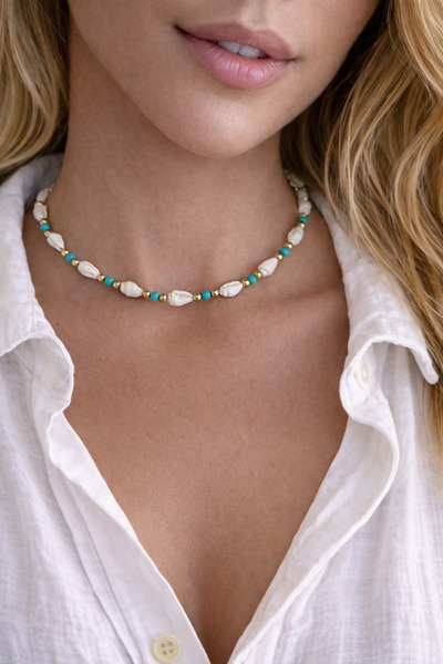 HERCY Deniz Kabuğu Kolye | Kristal Boncuklu Deniz Kabuğu Kolye | Beyaz Kolye | Yazlık Kolye