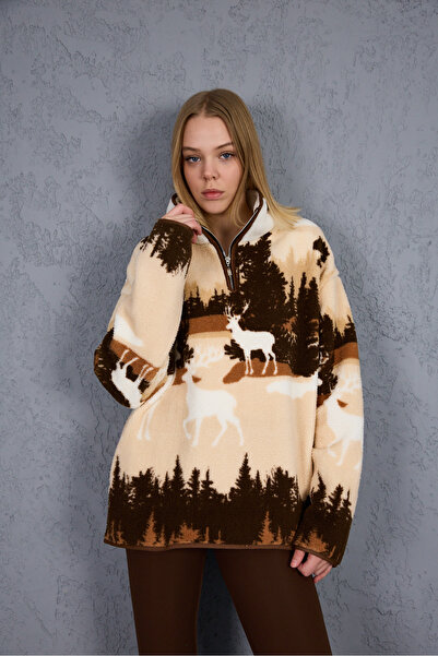 BANEGA Hanorac O supradimensionat maro cu model, cu buzunar cu jumătate de fermoar, cu interior din fleece și pluș