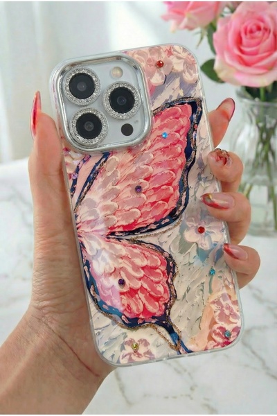 Fibaks iPhone 16 Pro Kılıf Renk Geçişli Taşlı Kamera Lens Korumalı Simli Pemb...