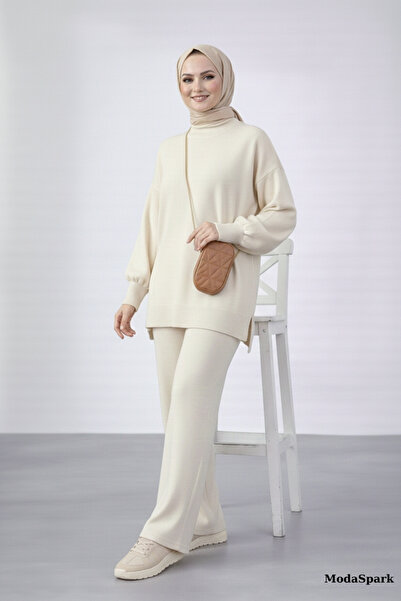 MODASPARK طقم تريكو نسائي محتشم بأكمام بالون وسروال واسع