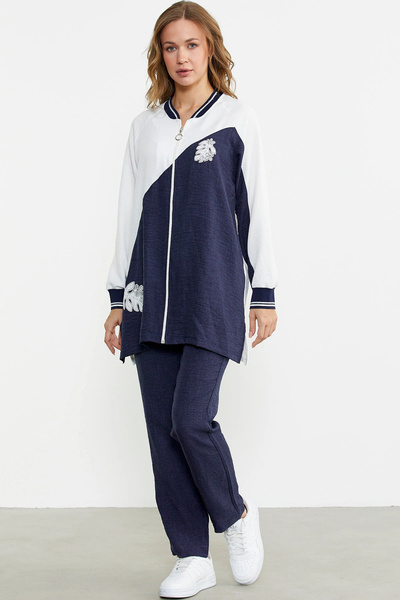 Sementa Zippered Embroidered Tunic Set - Navy Blue