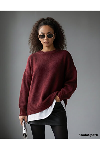 MODASPARK Bordo Bisiklet Yaka Oversize Kadın Triko Kazak