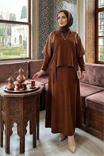 modamira Kadın Kahverengi mevsimlik Pamuklu Kumaş Deri Detaylı ikili Genç Ann...