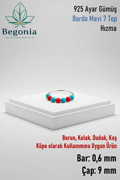 Begonia Accessories 925 Ayar Gümüş Piercing 7 Top Bordo Mavi Boncuklu Halka H...