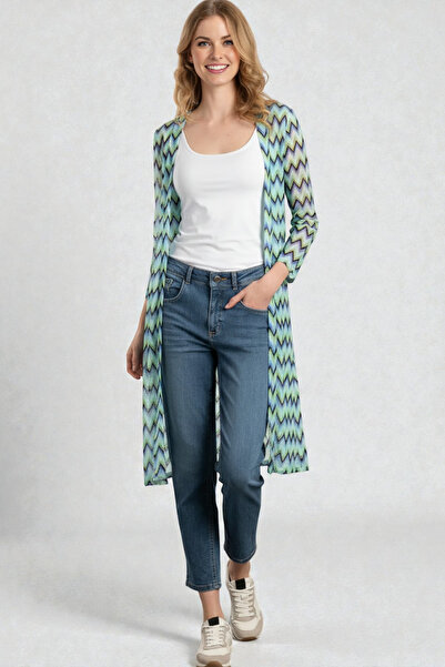 vividbutik YEŞİL ZİGZAG DESENLİ UZUN HIRKA