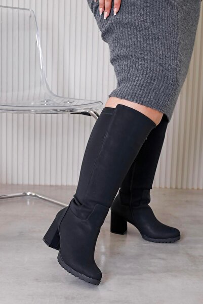 Stil Durağı DEJA MODEL 6 Cm Topuklu Kalin Taban Sihirli Çizme siyah cilt