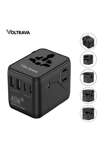 Voltrava Universal Travel Adapter 2500W PD 45W Power Plug with 2 AC Outlets, 3 USB-C & 2 USB Ports
