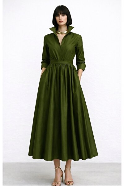 UNTIMELY Kuşaklı & Tam Daire Etekli Midi Boy Tafta Gömlek Elbise