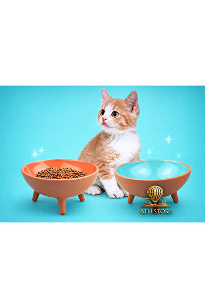Genel Markalar 2li Ayaklı Sırlı Toprak Çömlek Kedi - Köpek Mama Kabı (15CM)