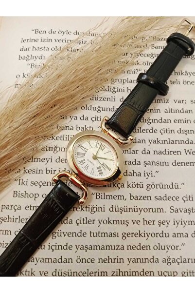 CANROSE Minimal Vintage Model Siyah Renk Kroko Desenli Kordon Oval Yuvarlak Gold Kasa Kadın Kol Saati