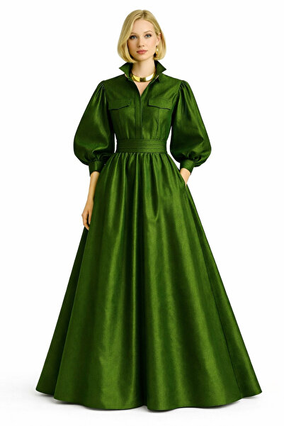 MERT ERKAN Taffeta Maxi Dress with Balloon Sleeves, Belt & Pocket Detail