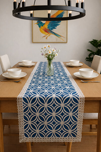 Rona Home Luxury Blue and White Geometric Patterned Lace Fringed Decorative Table Runner