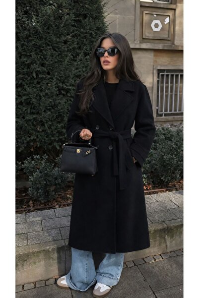 Perryes Kadın Oversize Geniş Kesim Kol Detaylı Kaşe Kaban Siyah