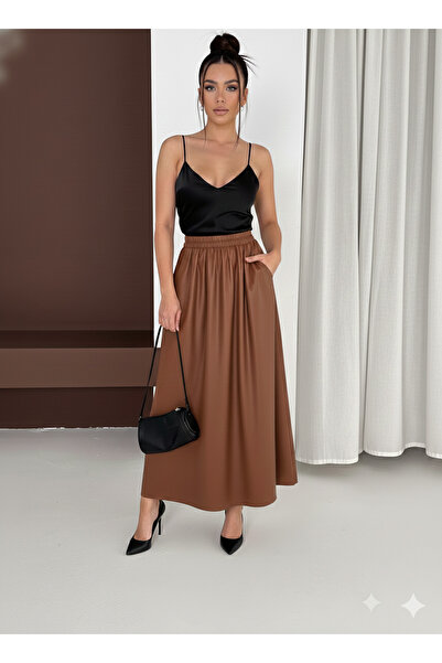 MaxiMor Fusta drapată de culoare cafenie pentru femei cu buzunare laterale 4 ...