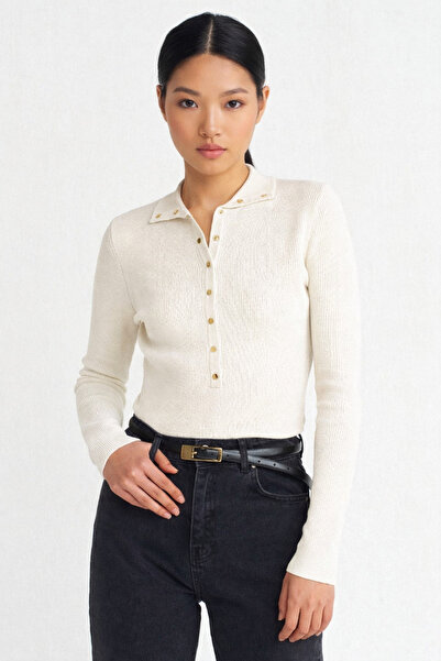 swc knitwear Women's Snap Detailed Wool Blend Sweater