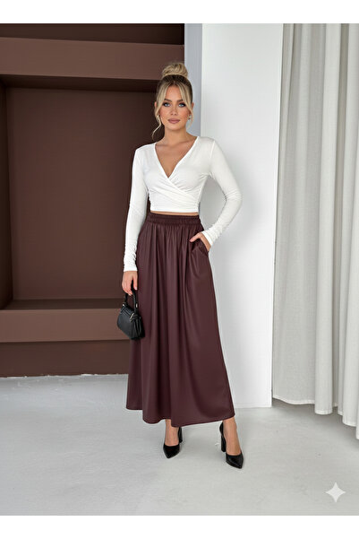 YUSUF CAN KARATAŞ KARATAŞ GİYİM Kadın KahveRenk Dökümlü Etek Yandan Cepli 4 Mevsimlik Deri Görünümlü Kumaş BOYU 95 cm