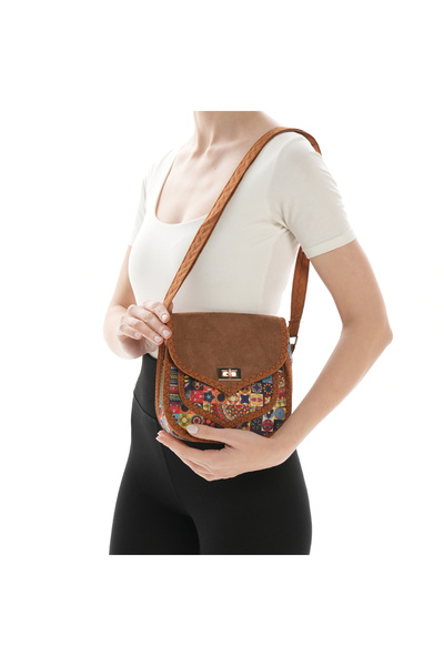 Missbag34 Kadın El Yapımı Etnik Desenli Kilit Kapama Küçük Boy Askılı Kahve T...