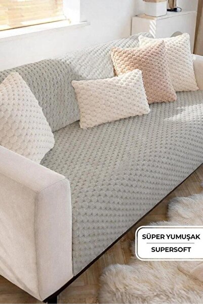 DECORA CASA HOME COLLECTİON Non-Slip Rabbit Plush Sofa Cover Three-Seater Cla...