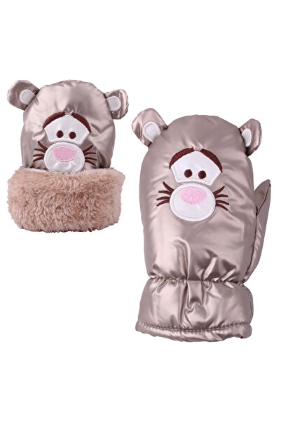 İşnar Çocuk Kar Eldiven Karamel Parmaksız Kar Eldiveni 2-4 Yaş Kaplan Desenli...