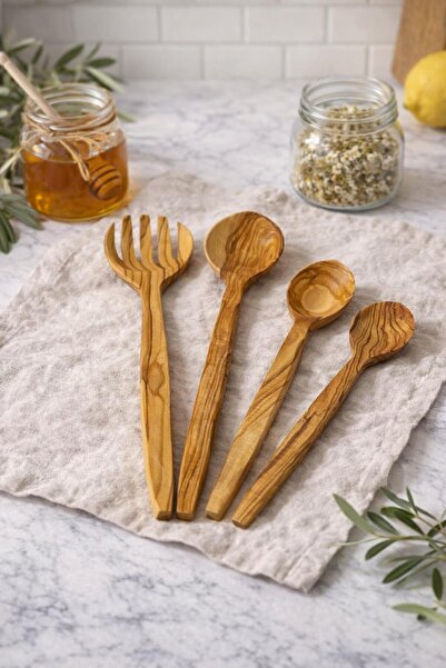 ENYAZA(2024) 4'lü Doğal Zeytin Ağacından Yapılmış El İşciliği Lüks Kepçe Seti...