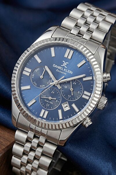 Daniel Klein Lacivert Gümüş Fonksiyonlu Takvimli Çelik Kordonlu Erkek Kol Saati