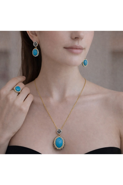 Tasarım مجموعة خواتم وأقراط من الحجر الطبيعي - خاتم قابل للتعديل وسلسلة من ال...