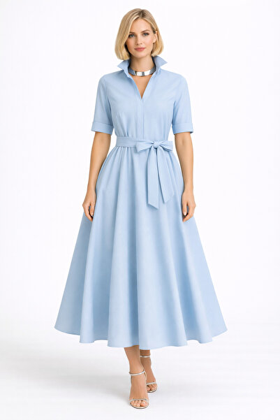 UNTIMELY Light Blue Poplin Casual Midi Shirt Dress with Pocket Detail & Belt