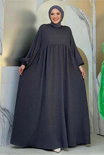 TRENDTESETTÜR KADIN GRİ (FÜME) ROBALI TESETTÜR ÖRME ELBİSE T 1206