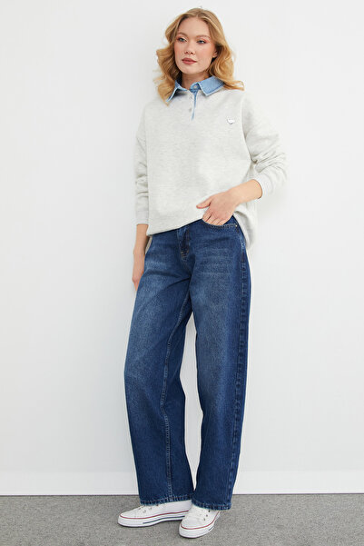 Fulla Moda 3 İplik Kot g Paneled Sweatshirt with Metal Accessories