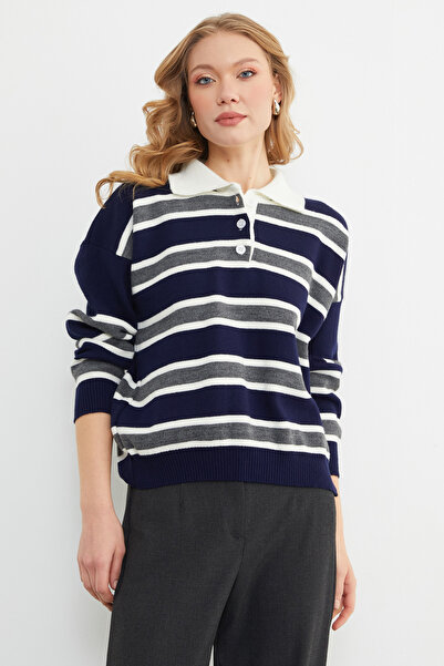 Fulla Moda Striped Half Button Polo Neck Knitwear Sweater