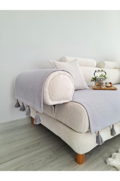 ARVA Home Dekoratif Pamuklu Püsküllü Koltuk Kenarı Örtüsü 2'li