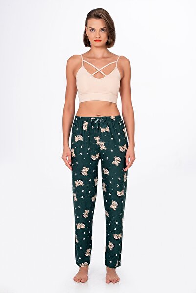 Kompedan Kadın Süet Ayıcık Desenli Pijama Tek Alt – Yeşil